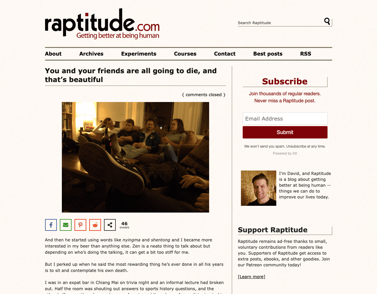 Archived view of David Cain's Raptitude article You and your friends are all going to die, and that's beautiful.