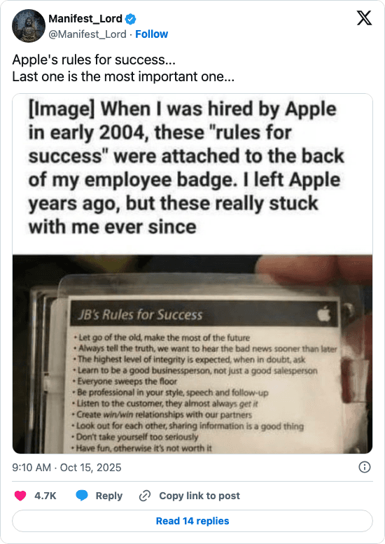 Post from Manifest Lord showing the Apple rules for success, including everyone sweeps the floor and have fun, otherwise it is not worth it.