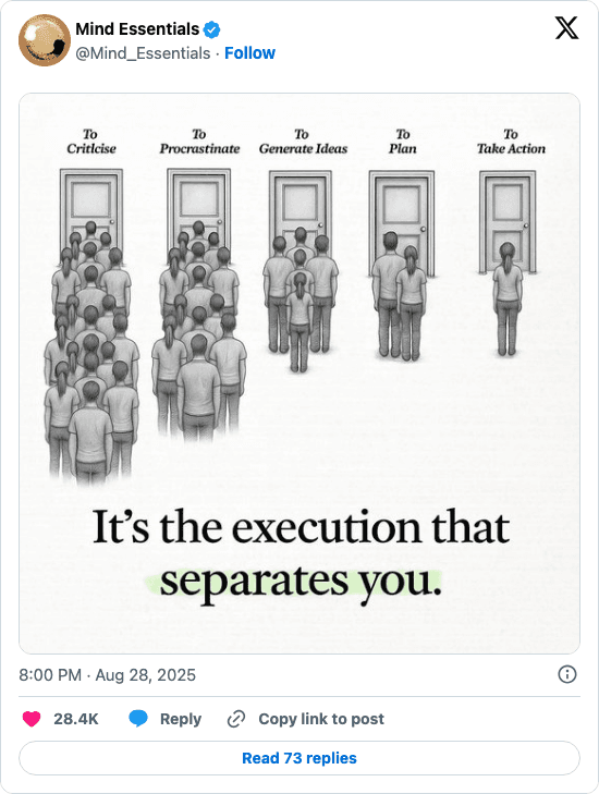Post from Mind Essentials illustrating that crowds criticize, procrastinate, generate ideas, and plan, while one person takes action.
