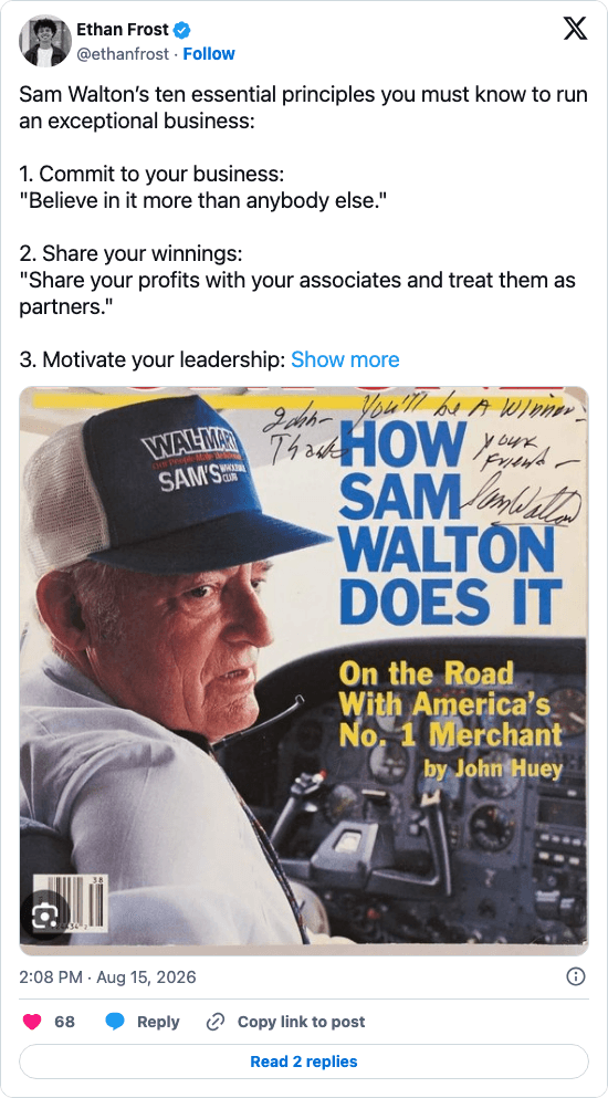 Post from Ethan Frost introducing Sam Walton's ten principles for running an exceptional business, with a photograph of Sam Walton on the cover of his biography.